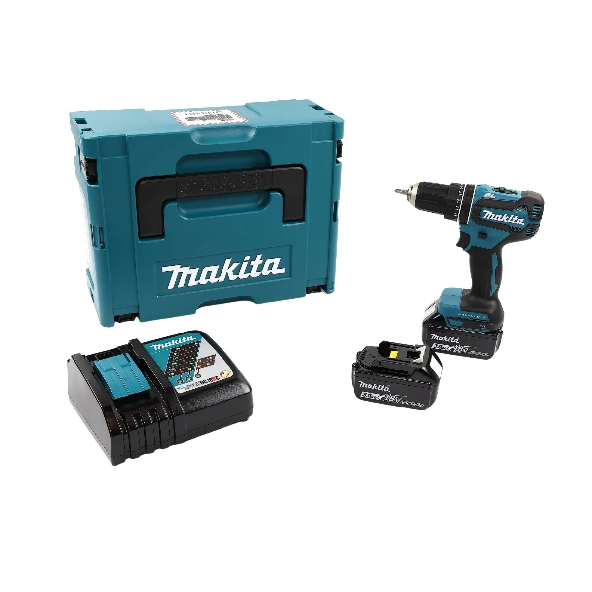 Masina de gaurit si insurubat, cu percutie, cu 2 acumulatori, 18 V, 3 Ah, Makita DHP485RFJ, 1900 rpm, mandrina rapida, motor fara perii, cu valiza